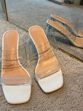 Clear Strap White Block Heel Mules